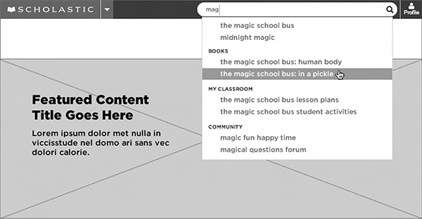 Search auto-complete categories wireframe