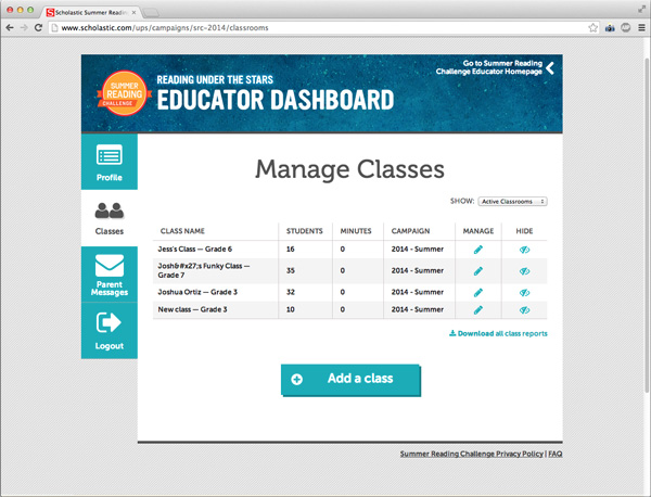 SRC Educator Dashboard: Manage Classes
