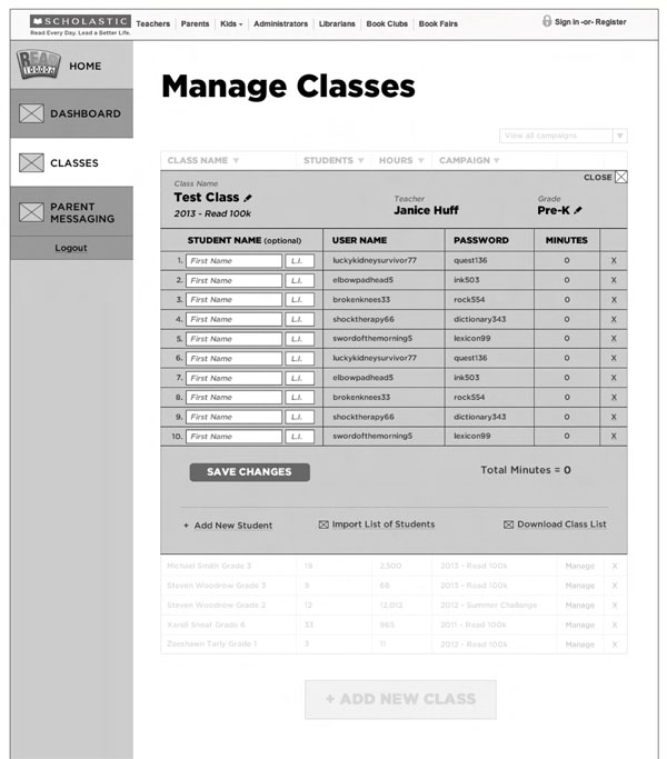 SRC Wireframe: Manage Class